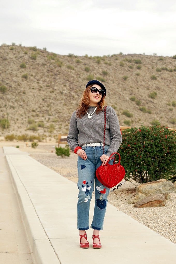 Winnipeg Style fashion stylist canadian blog, Chicwish grey sweater jumper red heart patches, Anthropologie Pilcro heart patches patch embroidered denim jeans, Mary Frances red heart novelty bag, John Fluevog LE red malibran operetta mary jane shoes, vacation style Arizona trip